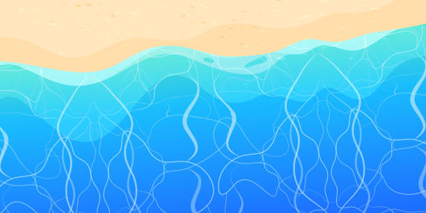 Summer beach with sand and waves top view in cartoon style, background. Tropical coast line, landscape, scenery. Vector illustration Summer beach with sand and waves top view in cartoon style, background. Tropical coast line, landscape, scenery. Vector illustration plage stock illustrations