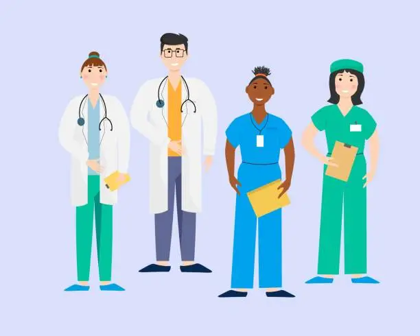 Vector illustration of A group of different international doctors and nurses in a hospital. Vector illustration on a medical theme.