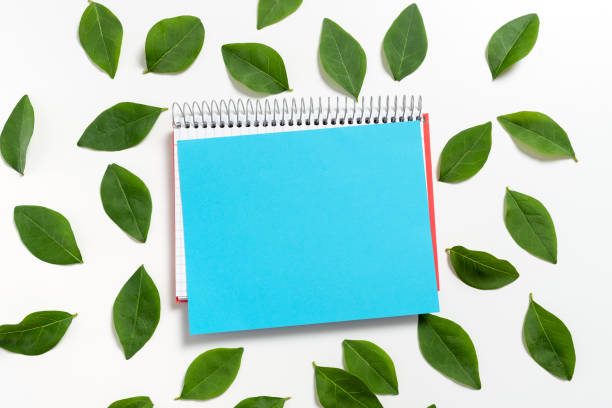 istock Spiral Notebook And Blank Color Paper Placed Between Fresh Leaves For Layout Of Invitation And Cards. Empty Sheet Surrounded With Foliage Leafage For Creative Banner. 1411005127