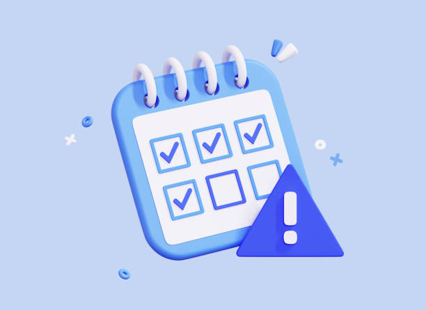 istock 3D Calendar with exclamation mark. Meeting reminder planner. Deadline day warning. Notification concept. Daily work with tick. Cartoon creative design icon isolated on blue background. 3D Rendering 1411005256