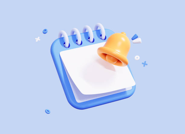 istock 3D Calendar with Bell notification. Event reminder. Minimal creative design. White paper with empty copy space for text or date. Plan concept. Cartoon icon isolated on blue background. 3D Rendering 1411005263
