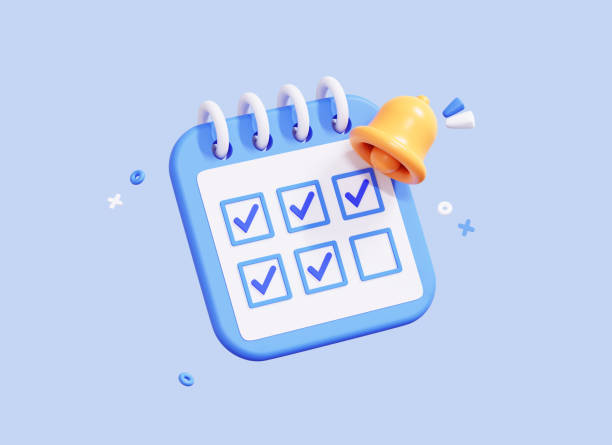 3D Calendar with check mark in date and bell notification. Meeting reminder planner. Daily work done with tick. Mark every day. Cartoon creative icon design isolated on blue background. 3D Rendering