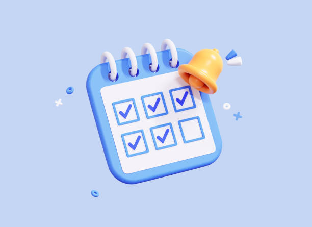 3D Calendar with check mark in date and bell notification. Meeting reminder planner. Daily work done with tick. Mark every day. Cartoon creative icon design isolated on blue background. 3D Rendering stock photo