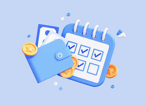 3D Calendar with Wallet and Money Coin. Check in every day and get bonus and cash prize. Salary schedule. Plan payment concept. Cartoon creative icon design isolated on blue background. 3D Rendering