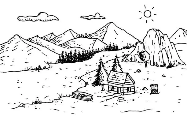Vector illustration of Rural landscape hand drawn vector illustration.