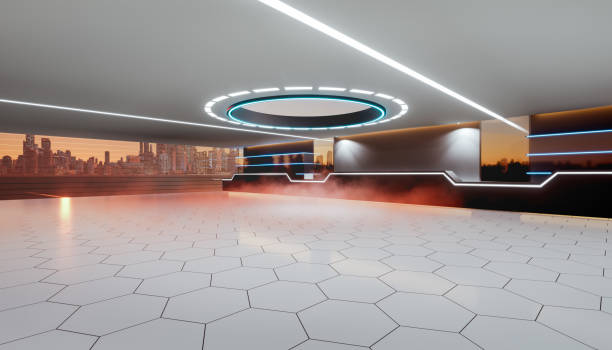 istock 3d rendering of empty space inside futuristic showroom, spaceship, hall or studio in perspective view. 1411007972