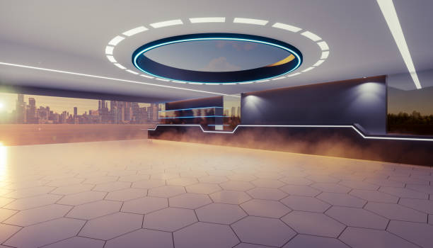 istock 3d rendering of empty space inside futuristic showroom, spaceship, hall or studio in perspective view. 1411007974