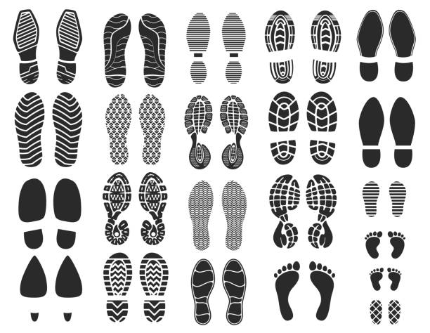 Shoe footprints, foot prints of sole or boot steps Shoe footprints, foot prints of sole and boot steps, vector silhouettes. Shoe footprint tracks or human feet sole or boots imprints and barefoot footsteps, marks or sneakers and flip-flop sandals high heel footprint stock illustrations