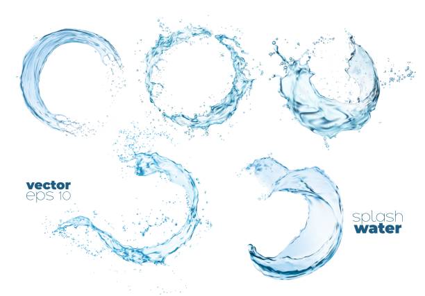 Round transparent water wave splash and swirls Round transparent water wave splash and swirls with drops, realistic vector. Water flow splatters of clean blue pure aqua with pour and splashing spill of fresh crystal drink droplets and bubbles splashing stock illustrations