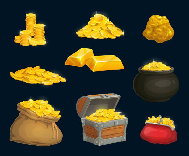 Cartoon golden coins, nugget, chest, wallet ui set Cartoon golden coins, nugget, chest and wallet, bag and pot of gold game asset. Pirate treasure, sparkling gold pieces, vector isolated fantasy game mobile application ui elements. Cash money bonus bag of coins stock illustrations