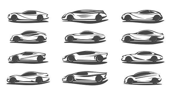 Futuristic car, supercar vehicle or future automobile vector linear icons. Super car or sportcar and concept car, automotive technology transport in wave line design, auto and race motor vehicles