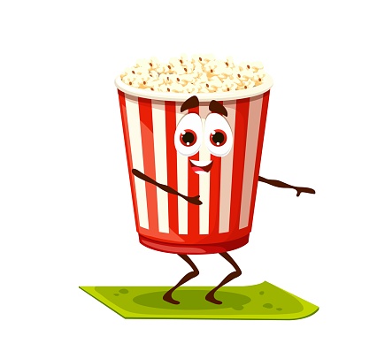 Cartoon funny popcorn bucket character on yoga fitness. Happy smiling fast food meal character squats on fitness mat. Comical popcorn vector character doing exercises, practicing yoga
