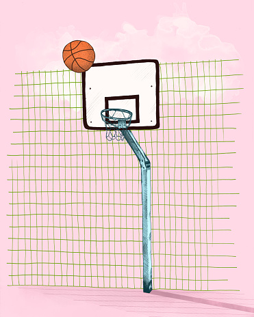 Basketball hoop and ball in front of a grid fence and pink background