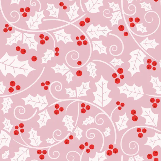 Vector illustration of Christmas holly vines and leaf seamless pattern.