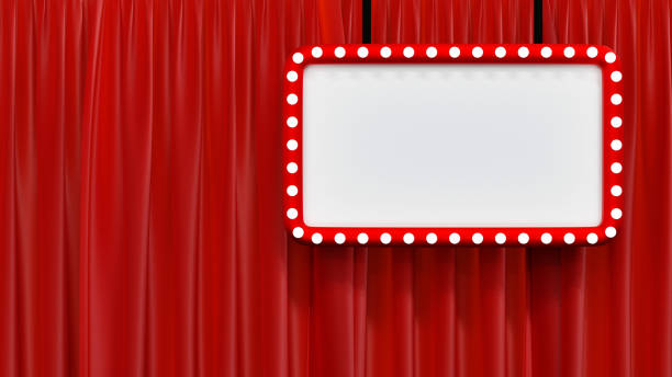 istock Blank mock up red billboard with light bulb on stage theatre or opera with red curtain and Spotlight, 3D rendering. 1411010980