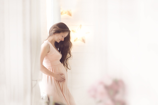 pensive tender future mother with dark long hairs, pregnant near the window, light tone and lifestyles