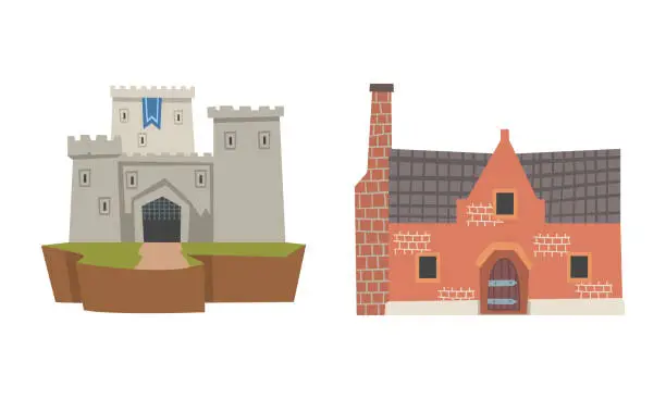 Vector illustration of Medieval Historical Residential House with Tile Roof and Tower Vector Illustration Set