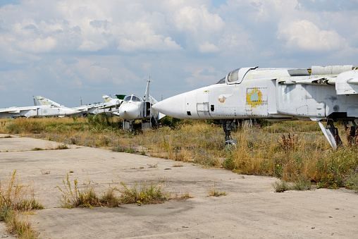 Ankara, Türkiye-September 1, 2023: The crashed planes belonging to the Turkish Aeronautical Association (THK), which are kept in the junkyard near Etimesgut Airport, are waiting for the day they will be sent for recycling.