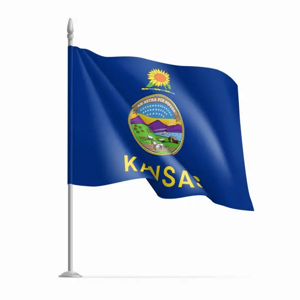 Vector illustration of Waving flag of Kansas on flagpole, USA federal state