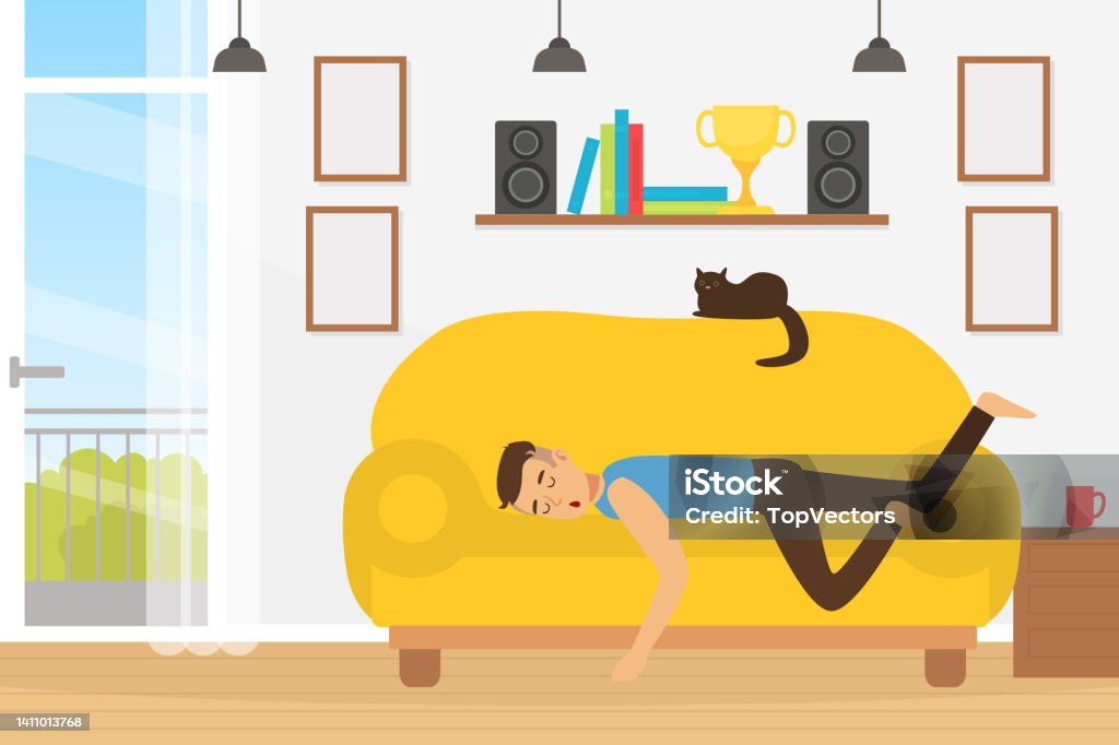 Karakter Pria Lelah Tertidur Di Sofa Dengan Kucing Hitam Duduk Di Atas