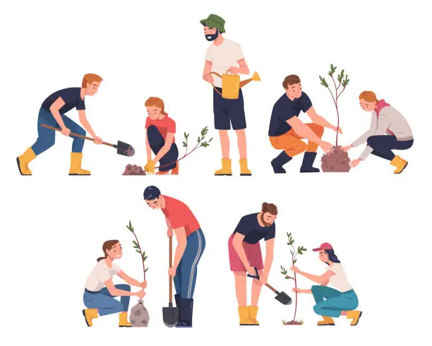 Vector illustration of People Character Planting Tree Sapling in Soil Taking Care of Planet and Nature Vector Illustration Set