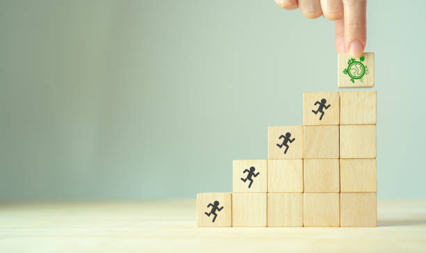istock Green business. Sustainable environmental development to limit global warming and climate change. Sustainability business, ECO minded coporate. Wooden cubes with 