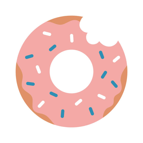 ピンクの釉薬と多色のパウダー、漫画風の噛んだドーナツ。白い背景に分離されたトレンディなモダンなベクターイラスト、手描き、フラット - donut点のイラスト素材／クリップアート素材／マンガ素材／アイコン素材