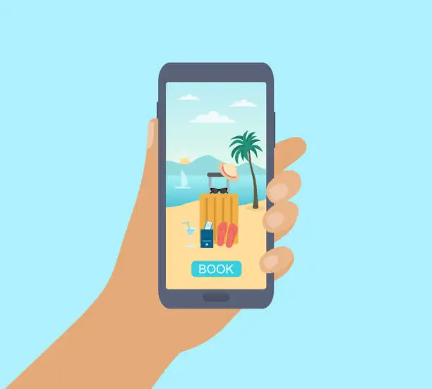 Vector illustration of Travel And Online Booking Concept With Booking App On Smartphone. Human Hand Holding Smartphone.