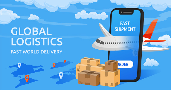 Global airplane shipping. Cargo logistic in airport. Sky transport. Box distribution. Air online delivery service. Smartphone application. Phone screen and flying plane. Vector illustration banner