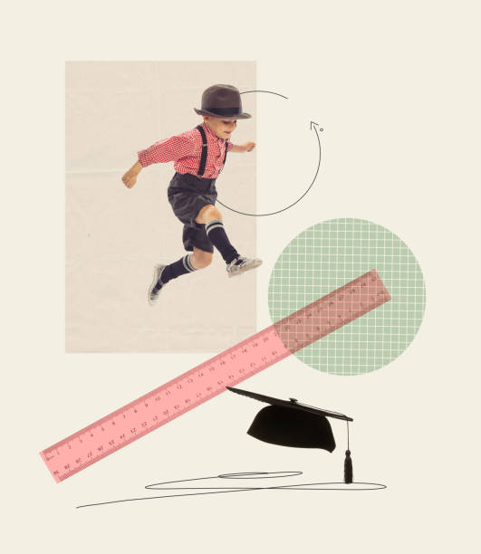 istock Contemporary art collage. Cheerful schoolboy jumping over ruler, interesting and funny math studying methods 1411018334