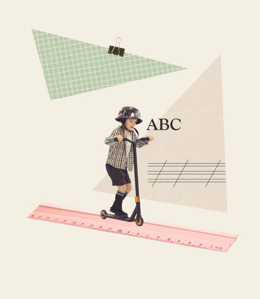 Contemporary art collage. Little boy, pupil driving on Kick scooter on ruler, learning math