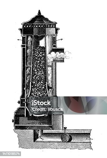 istock Antique illustration: constructions and architecture: Coke stove 1411018574