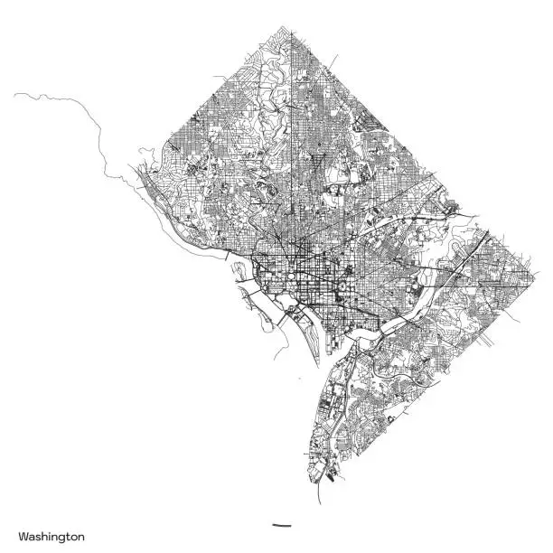 Vector illustration of Washington city map with roads and streets, United States. Black and white. Vector outline illustration.