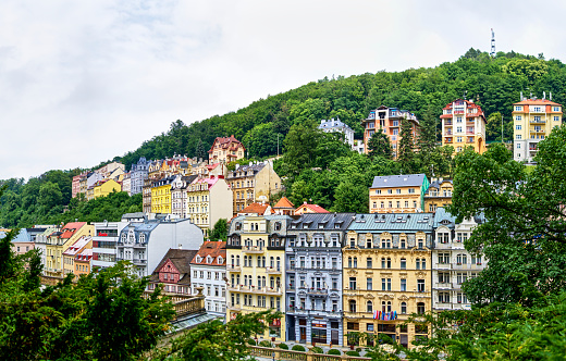 Karlsbad, Czech Republic, June 29, 2022: Panorama of the peripheral development in the center of Karlovy Vary with many renovated beautiful buildings