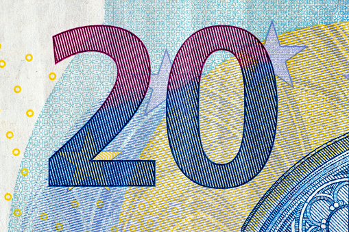 details of cash twenty euro of the European Union, cash European euro face value 20 close-up
