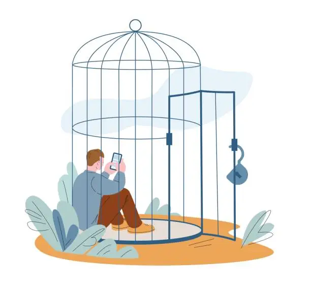 Vector illustration of Mental inner prisoner. Oppressed person limit life, seclusion in cage and personal border. Mental health, smartphone and digital addiction kicky vector concept