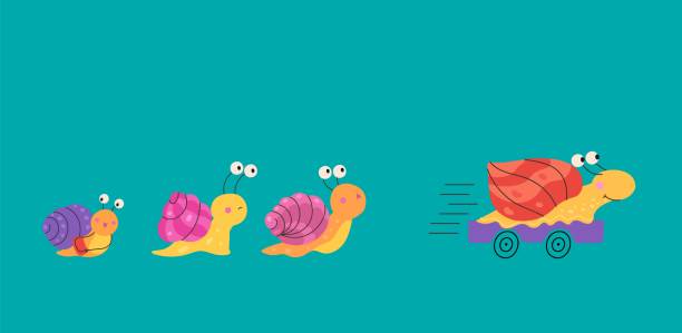 빠른 비즈니스 달팽이. 독특한 장점, 속도 창의력 만화 동물. 터보 가속 또는 경쟁 은유. 효율성 관리 지금의 벡터 개념 - snail escargot animal speed stock illustrations