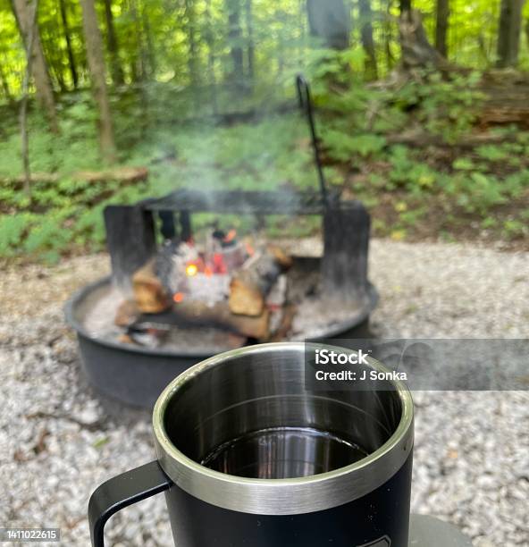 Hot Water Boiler Pot On Wood Stove With Coffee Filter Stock Photo