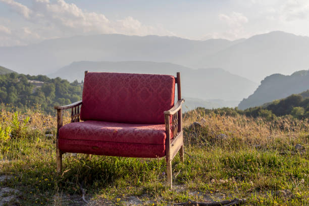 Many sun bed lounge outdoor in background mountain scene