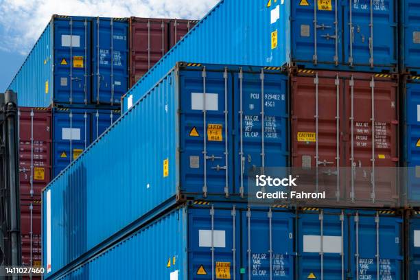 Closeup Blue And Red Logistic Container Cargo And Shipping Business Container Ship For Import And Export Logistics Logistic Industry Container For Truck Transport Freight Transportation Concept Stock Photo - Download Image Now