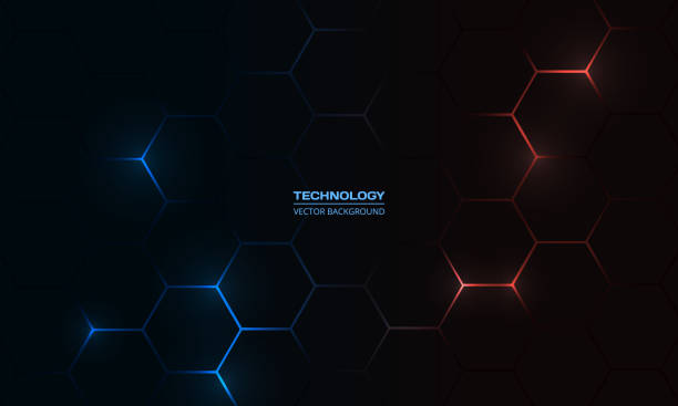 ilustrações de stock, clip art, desenhos animados e ícones de dark hexagon gaming abstract vector background with blue and red colored bright flashes. - video game flash