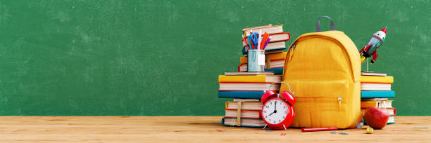 Yellow school bag with books and accessory on empty green chalkboard. Back to school concept background Yellow school bag with books and accessory on empty green chalkboard. Back to school concept background 3D Rendering, 3D Illustration back to school stock pictures, royalty-free photos & images