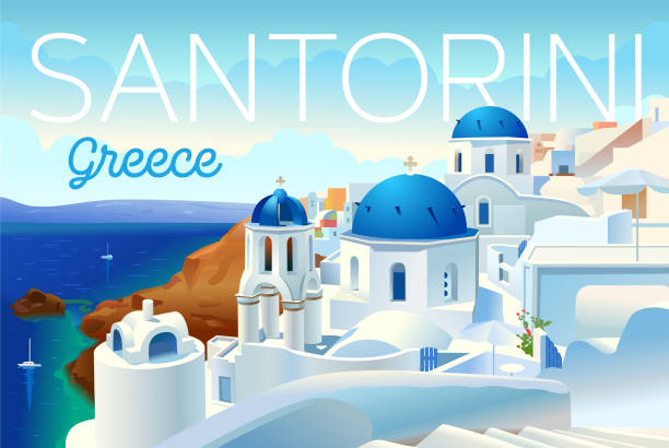 ilustraciones, imágenes clip art, dibujos animados e iconos de stock de isla de santorini, grecia. hermosa arquitectura blanca tradicional e iglesias ortodoxas griegas con cúpulas azules sobre la caldera, mar egeo. antecedentes de viajes panorámicos. tarjeta publicitaria, folleto - greece greek islands town village