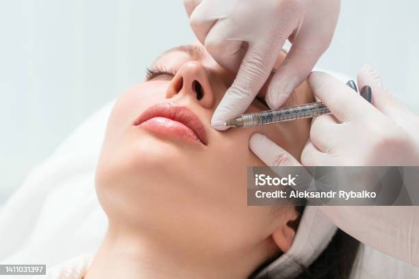 Lip Augmentation And Correction Procedure In A Cosmetology Salon The Specialist Makes An Injection In The Patient Lips Stock Photo - Download Image Now