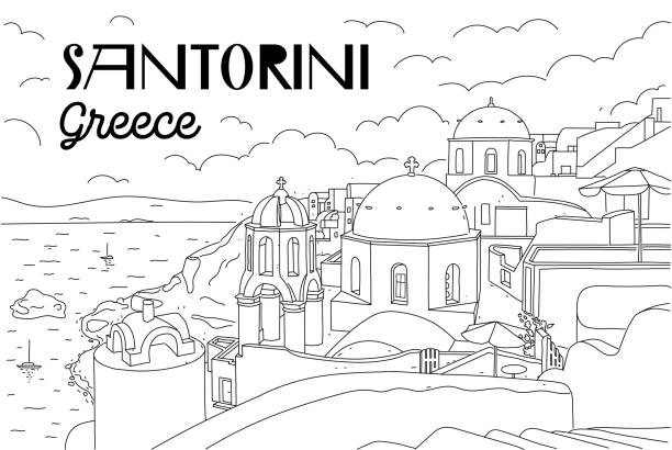 Santorini island, Greece. Beautiful traditional white architecture and Greek Orthodox churches with blue domes over the caldera, Aegean Sea. Scenic travel background. Linear illustration Santorini island, Greece. Beautiful traditional white architecture and Greek Orthodox churches with blue domes over the caldera, Aegean Sea. Scenic travel background. Linear illustration santorini stock illustrations
