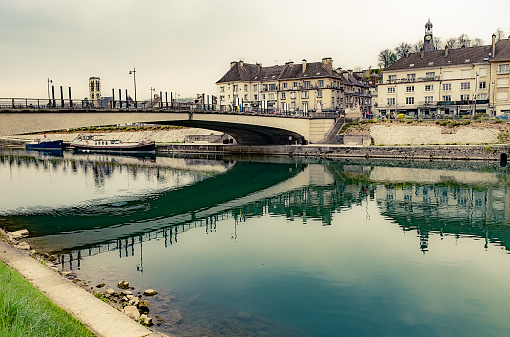 The Marne River at the town of Chateau Thierry, east of Paris in the Aisne District of France.