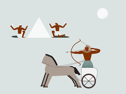 Egyptian pharaoh riding in chariot; ancient construction workers building pyramid