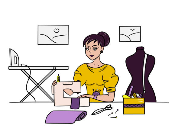 裁縫師はミシンで縫い付け、その横にマネキンがあります。 - ファッションデザイナー点のイラスト素材／クリップアート素材／マンガ素材／アイコン素材
