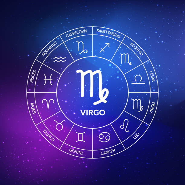 istock Virgo zodiac sign. Zodiac circle on a dark blue background of the space 1411034214