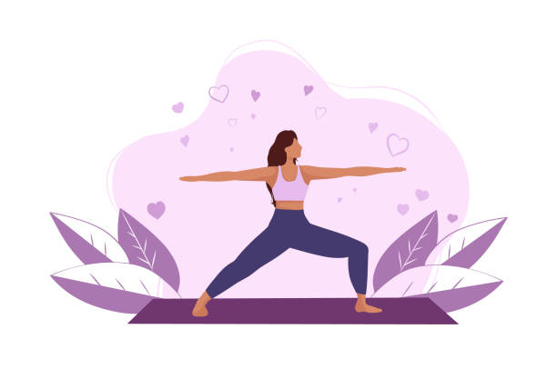 Woman doing yoga in warrior pose Young woman practicing yoga in warrior pose. Girl in a flat style. Beautiful woman doing exercise, healthy lifestyle warrior 2 stock illustrations